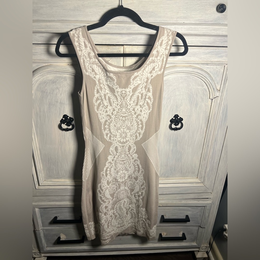 Yoana Baraschi Tan & Cream Knit Bodycon Embroidered Sweater Dress‎
